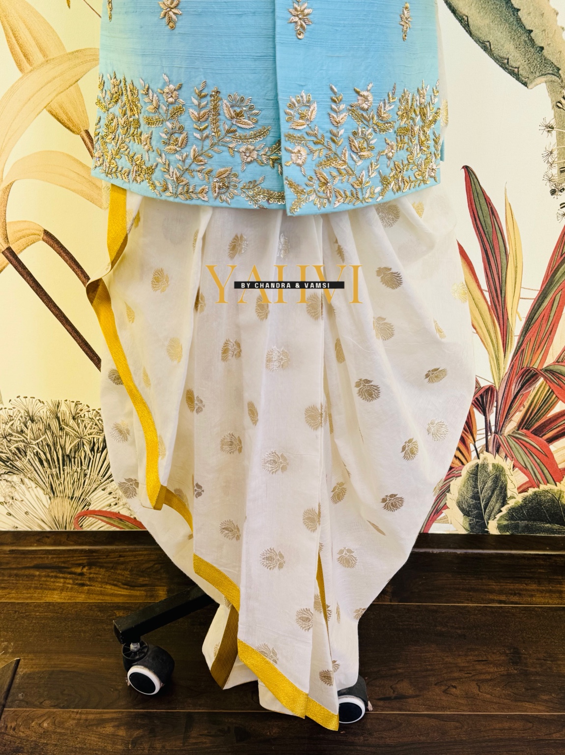 Sky Blue Embroidered Sherwani with Chanderi Silk Dhoti & Dupatta Set - Image 3