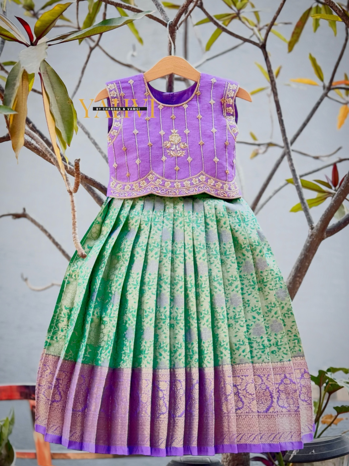 Lilac green pattu lehanga set - Image 2