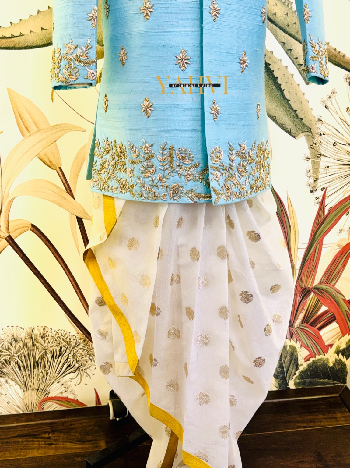 Sky Blue Embroidered Sherwani with Chanderi Silk Dhoti & Dupatta Set - Image 7
