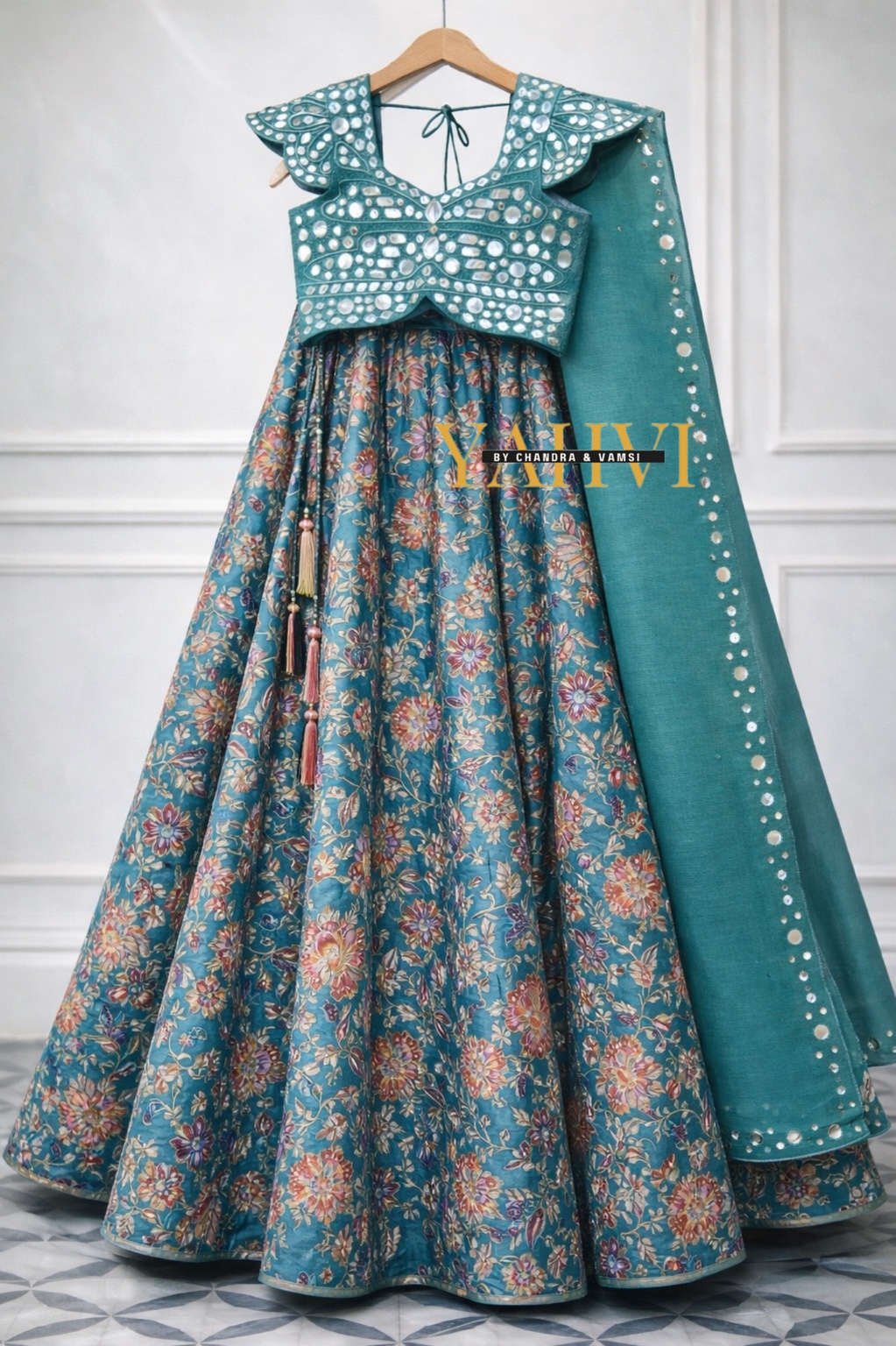 Teal Floral Lehenga with Mirror Work Crop Top & Cutwork Dupatta - Image 5
