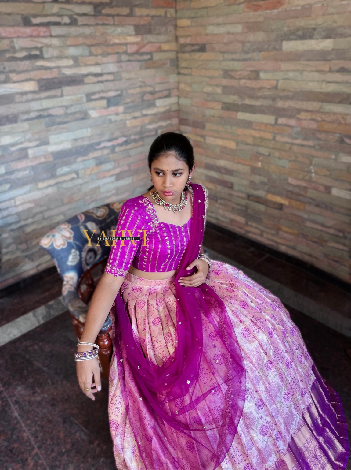 Floral Blush Kanchi Pattu Half Saree with Embroidered Blouse Set - Image 5