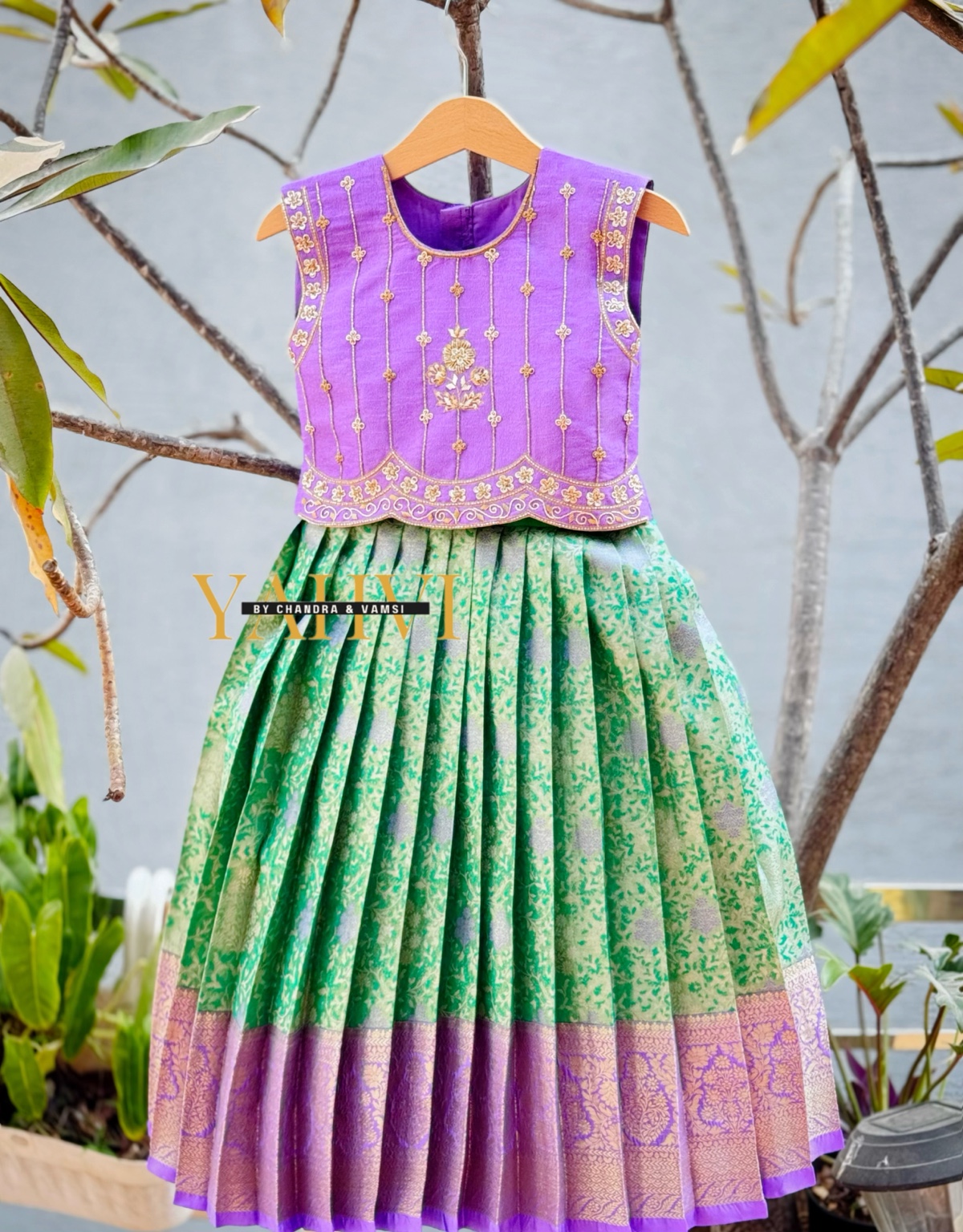 Lilac green pattu lehanga set