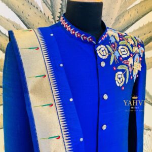 Classic Blue Raw Silk Sherwani with Floral Embroidery & Pajama