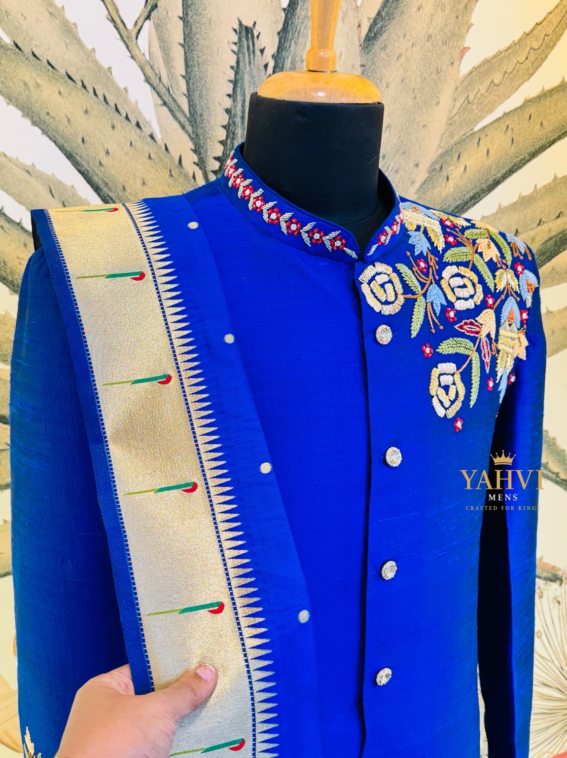 Classic Blue Raw Silk Sherwani with Floral Embroidery & Pajama