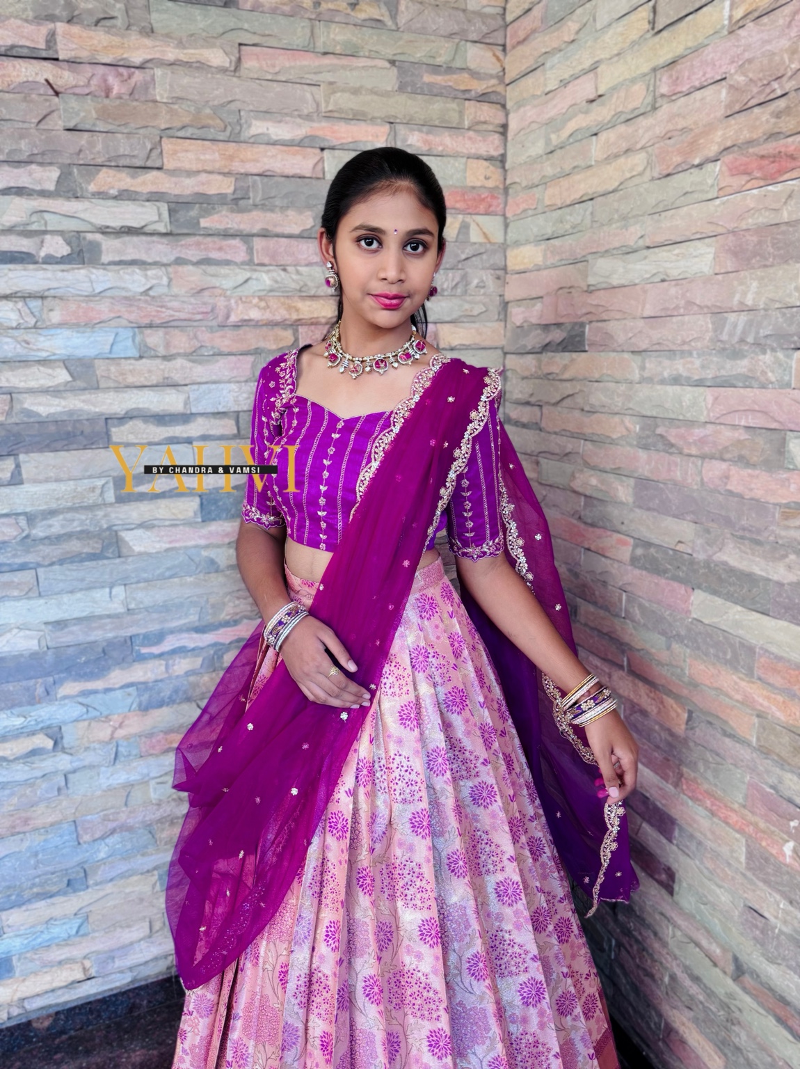 Floral Blush Kanchi Pattu Half Saree with Embroidered Blouse Set - Image 2