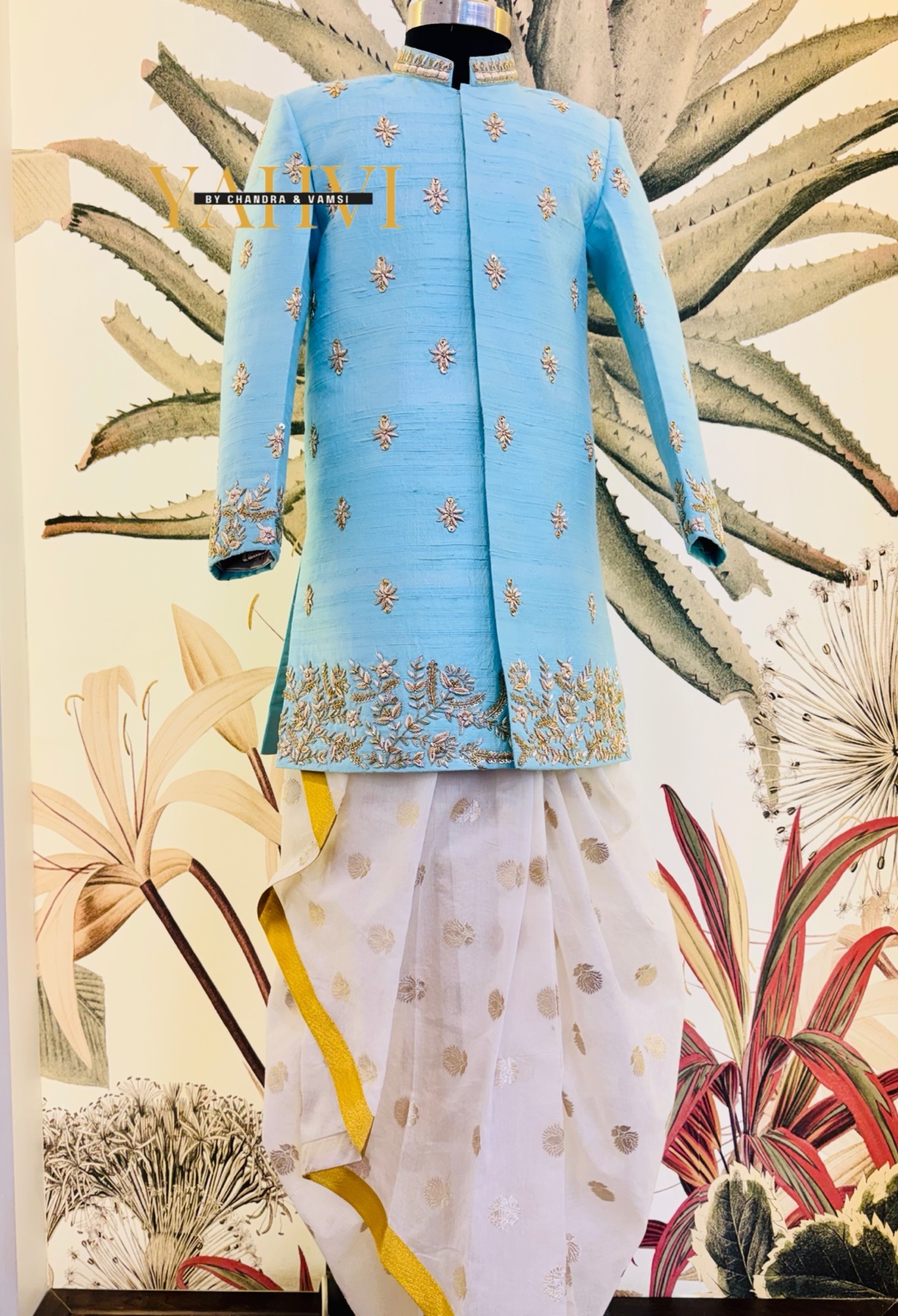 Sky Blue Embroidered Sherwani with Chanderi Silk Dhoti & Dupatta Set - Image 4