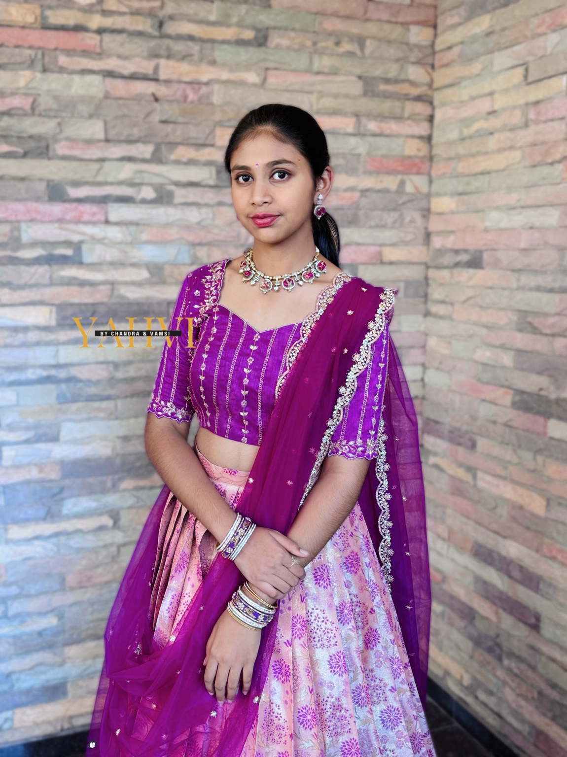Floral Blush Kanchi Pattu Half Saree with Embroidered Blouse Set - Image 6