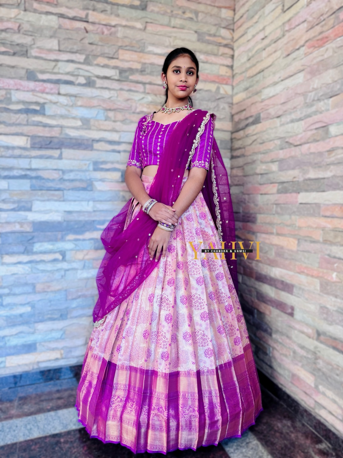 Floral Blush Kanchi Pattu Half Saree with Embroidered Blouse Set - Image 4