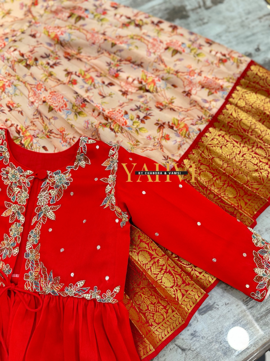 Floral Silk Frock-Style Lehenga with Embroidered Jacket Blouse - Image 2