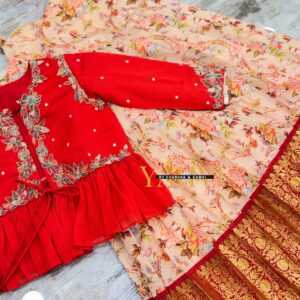 Floral Silk Frock-Style Lehenga with Embroidered Jacket Blouse