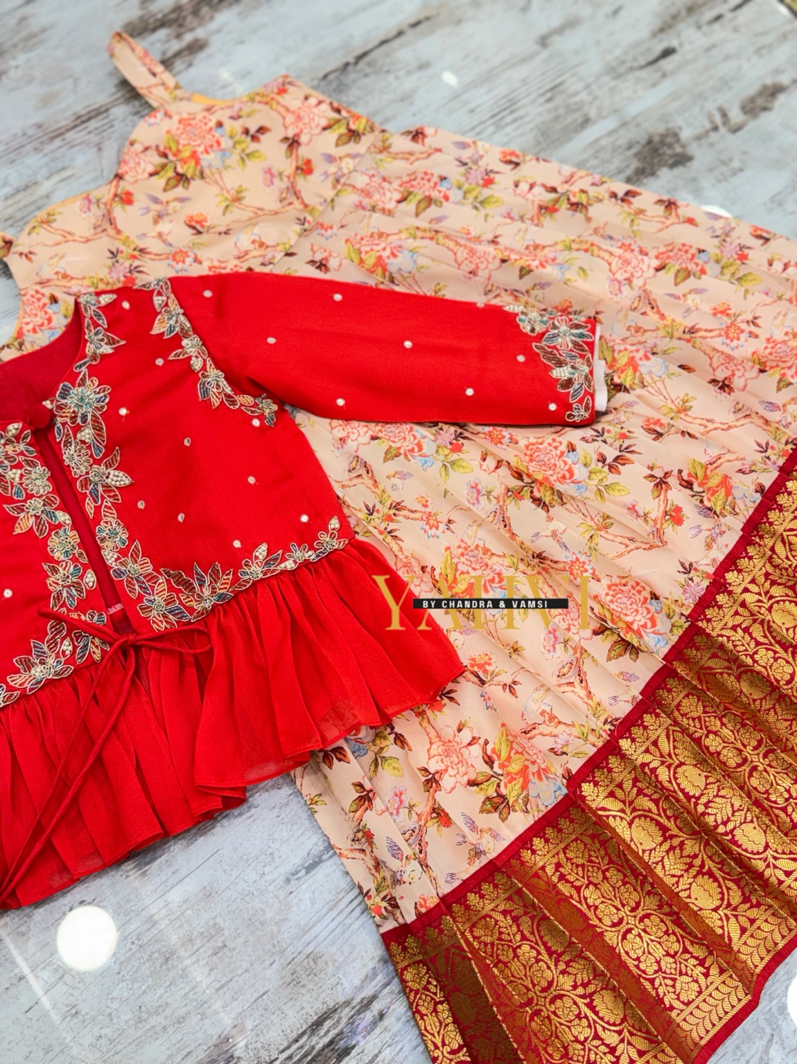 Floral Silk Frock-Style Lehenga with Embroidered Jacket Blouse