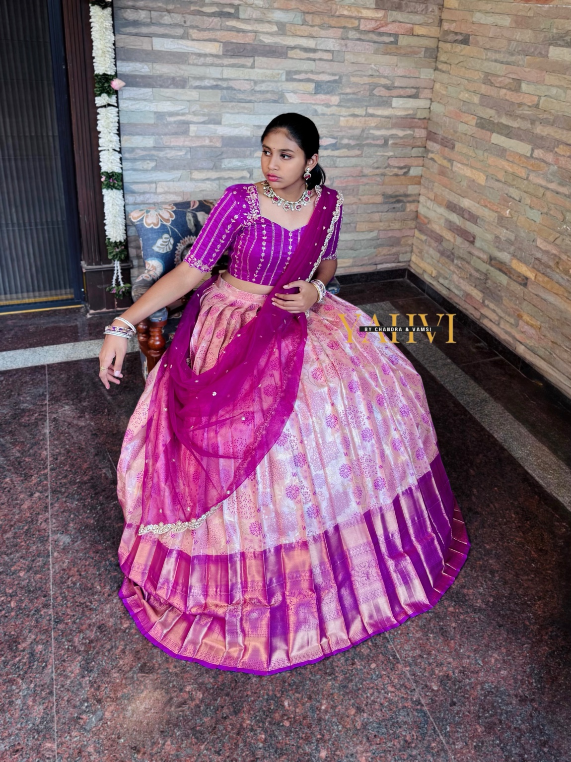 Floral Blush Kanchi Pattu Half Saree with Embroidered Blouse Set - Image 3