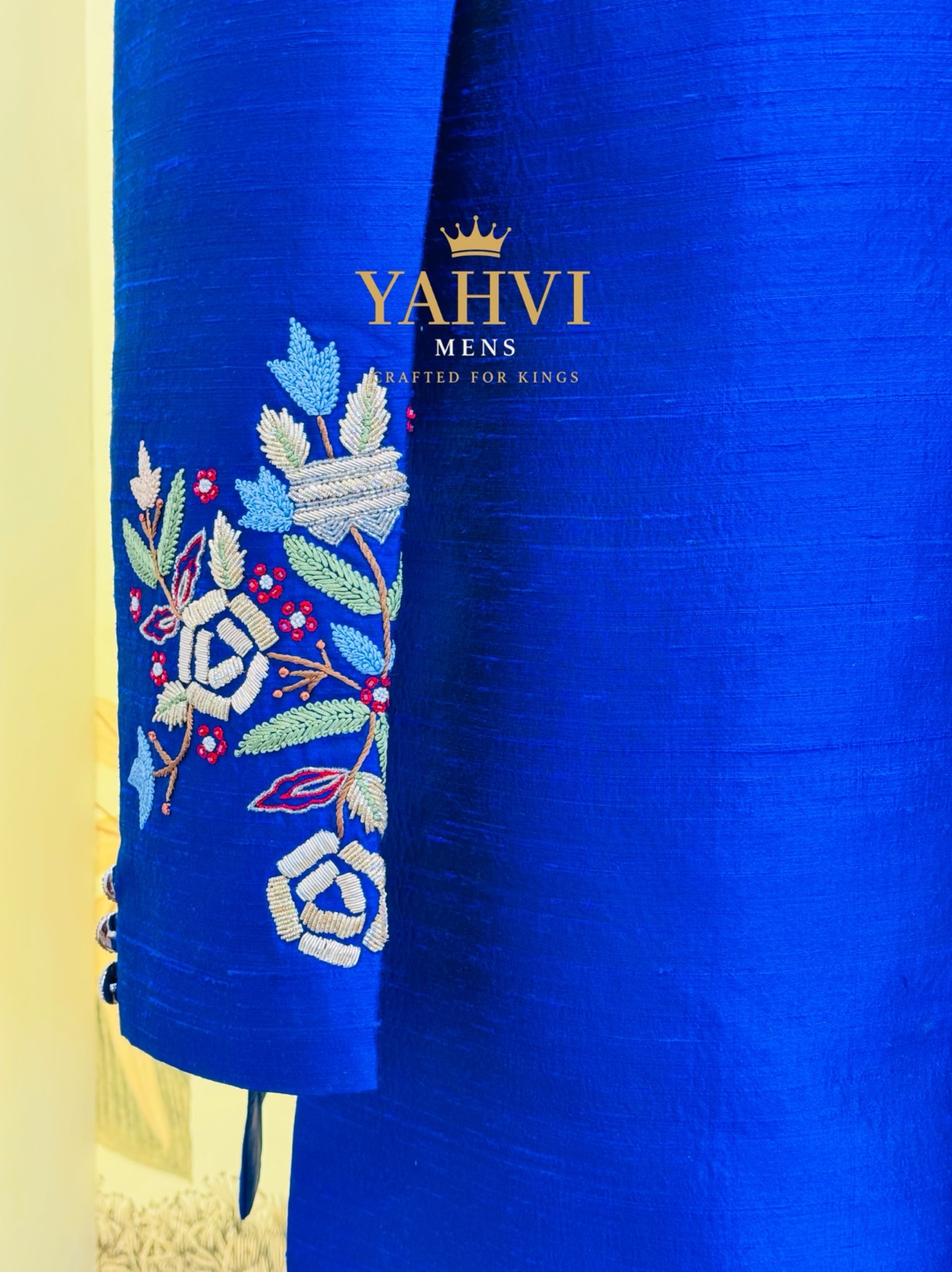 Classic Blue Raw Silk Sherwani with Floral Embroidery & Pajama - Image 3