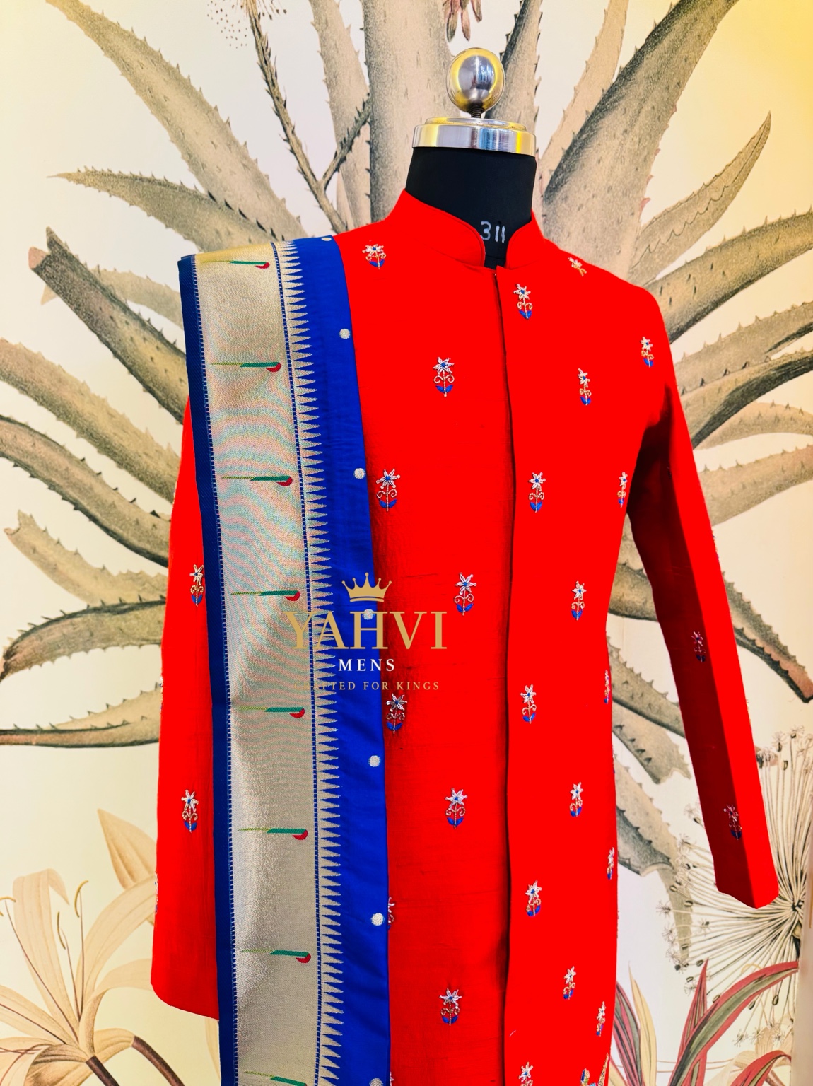Royal Red Raw Silk Sherwani with Elephant Ambari Embroidery & Paithani Dhoti - Image 4