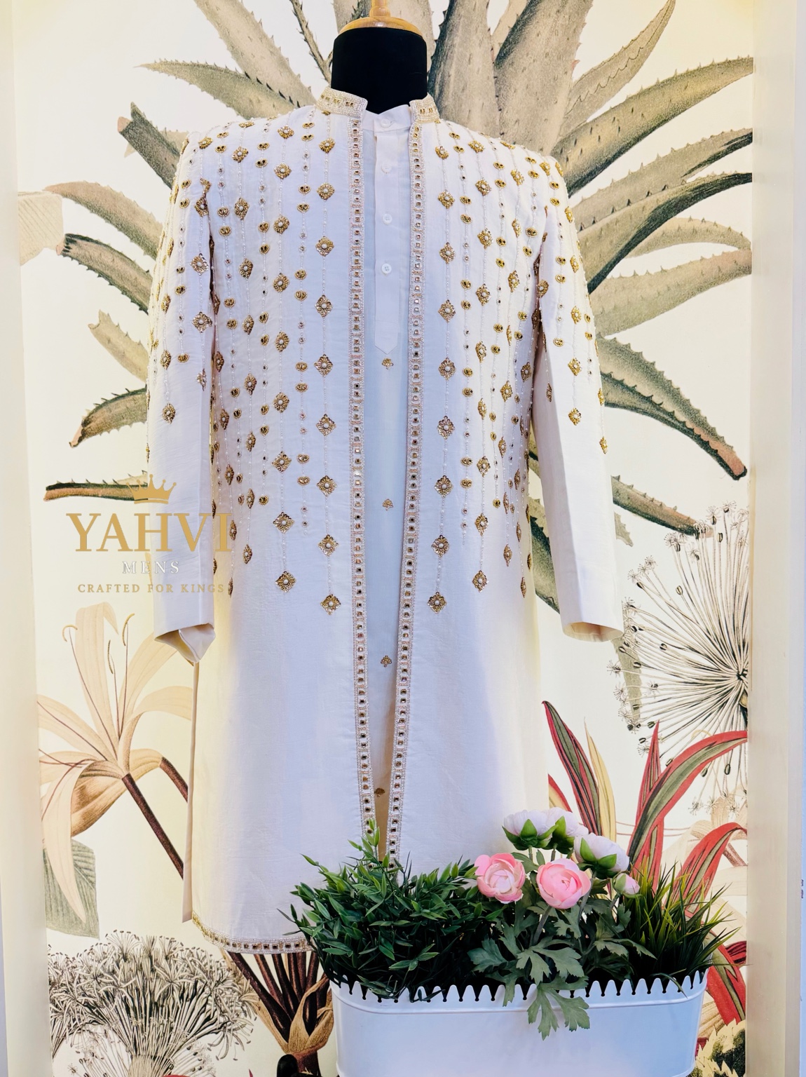 Rajveer Ivory Handcrafted Sherwani Set - Image 4