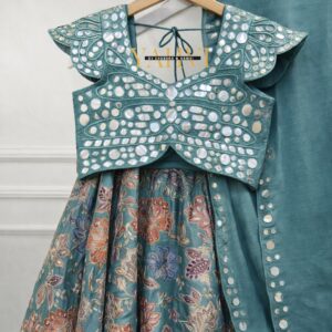 Teal Floral Lehenga with Mirror Work Crop Top & Cutwork Dupatta