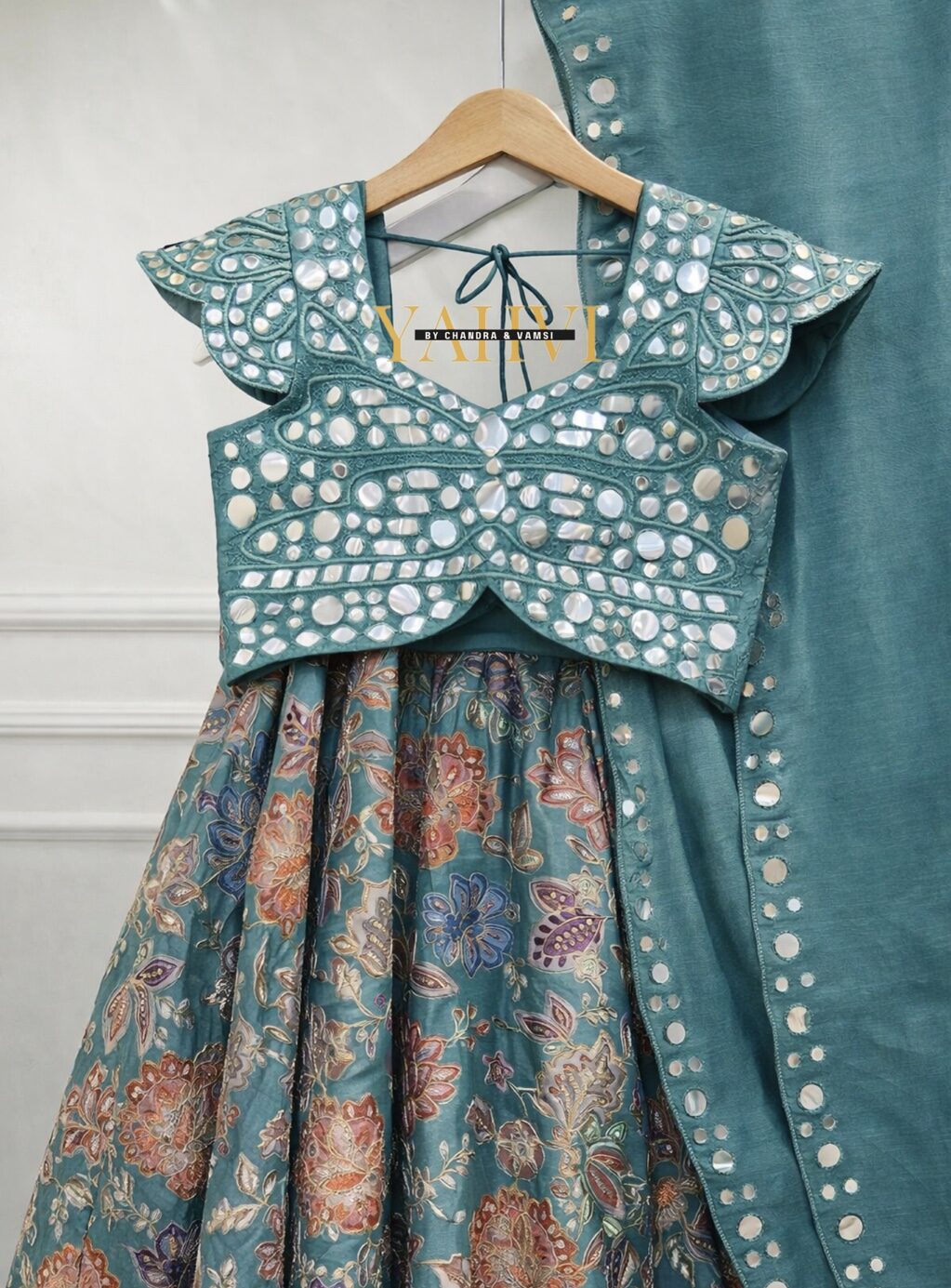 Teal Floral Lehenga with Mirror Work Crop Top & Cutwork Dupatta