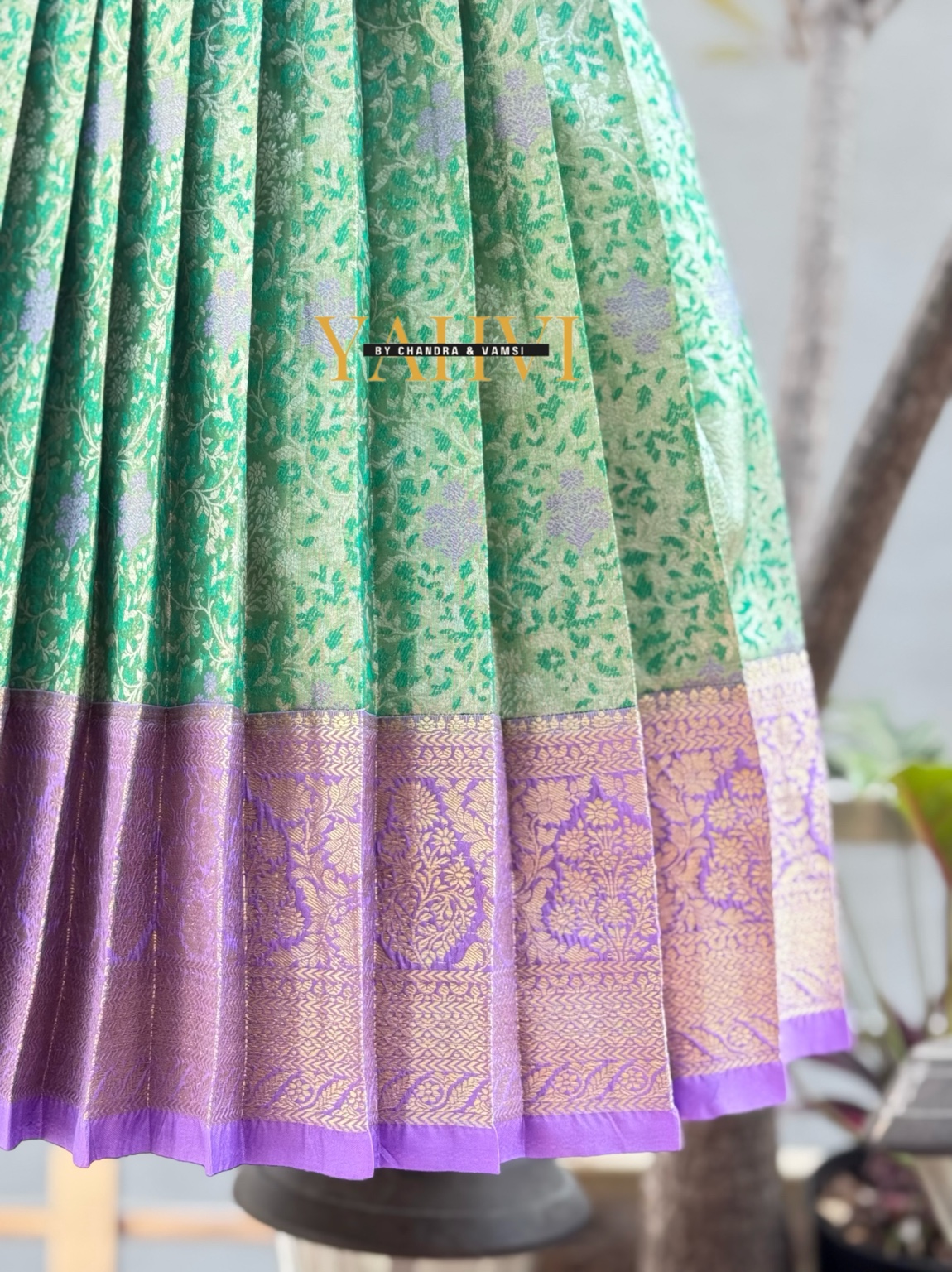 Lilac green pattu lehanga set - Image 4