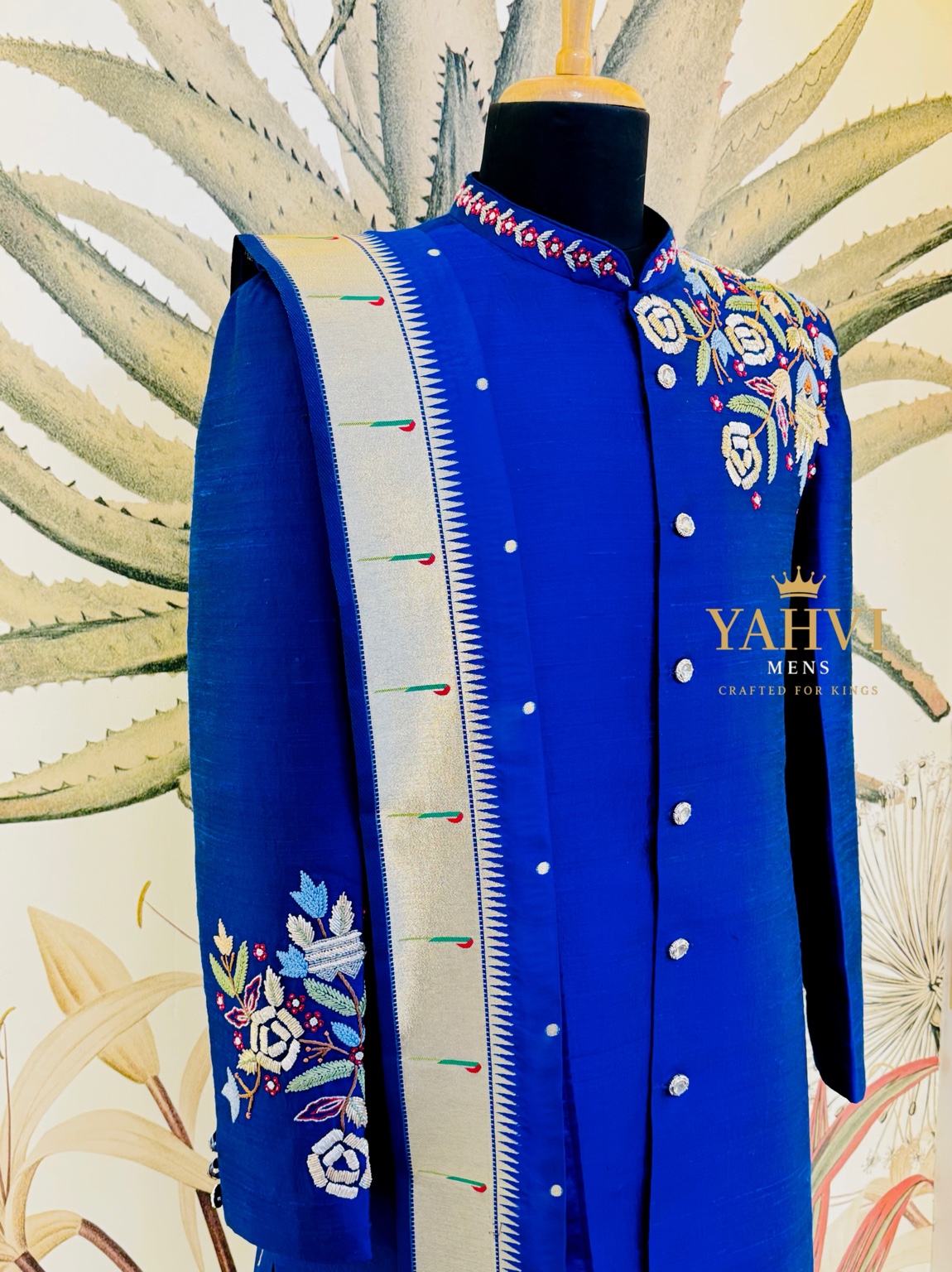 Classic Blue Raw Silk Sherwani with Floral Embroidery & Pajama - Image 5