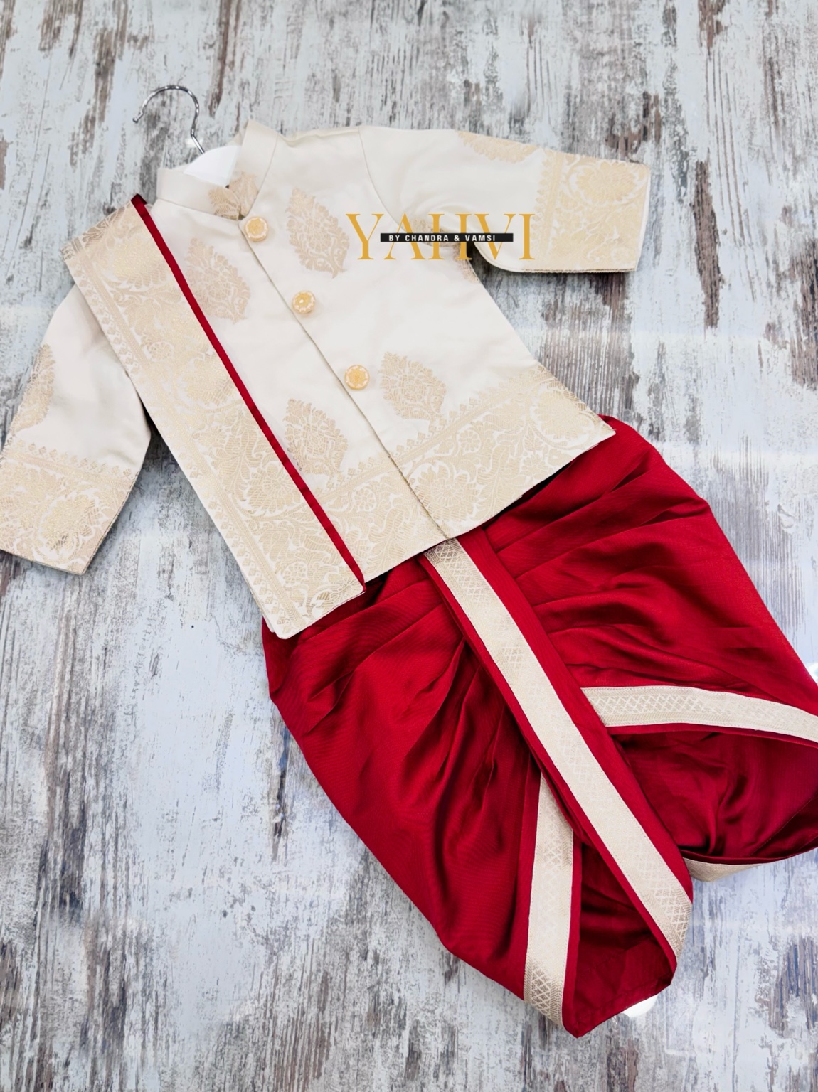 Heritage Zari Buta Newborn Sherwani with Silk Dhoti - Image 2
