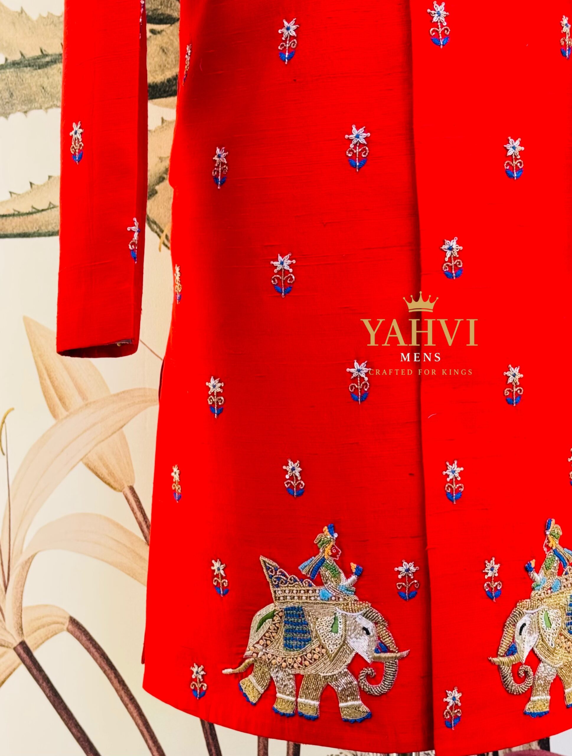 Royal Red Raw Silk Sherwani with Elephant Ambari Embroidery & Paithani Dhoti - Image 3