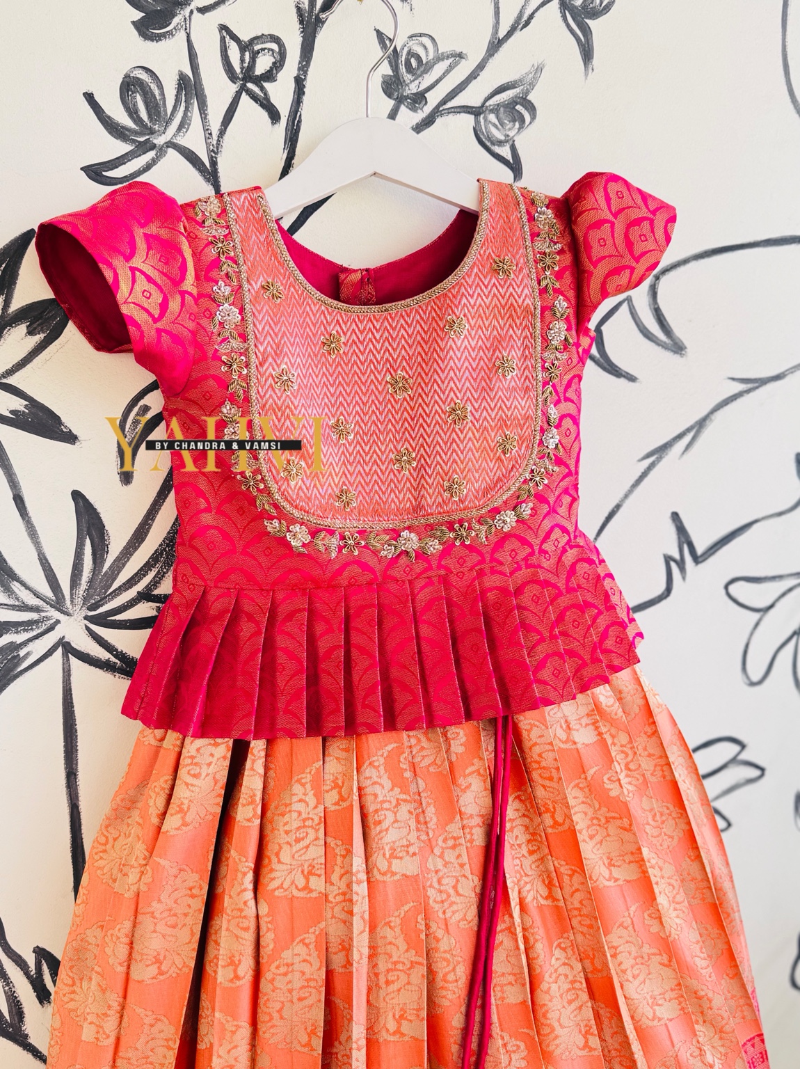 Sunset Coral Silk Lehenga with Embroidered Peplum Top - Image 3