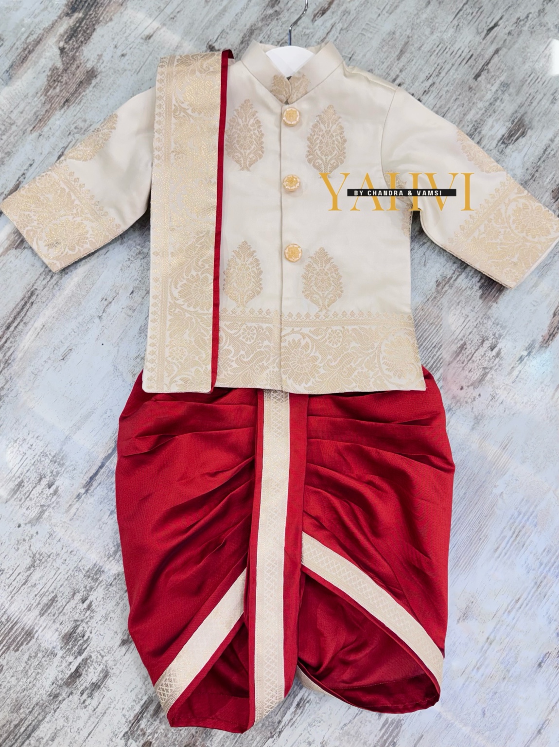 Heritage Zari Buta Newborn Sherwani with Silk Dhoti - Image 5