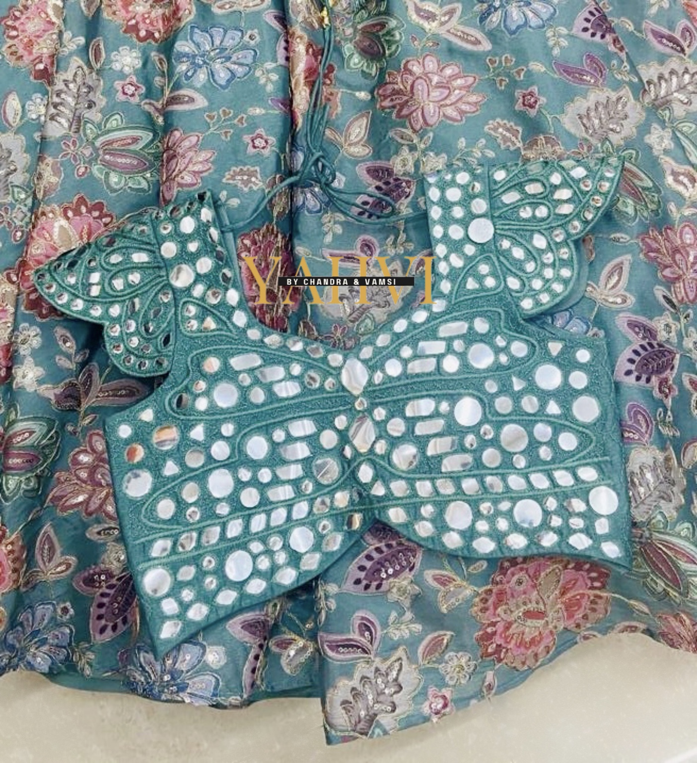 Teal Floral Lehenga with Mirror Work Crop Top & Cutwork Dupatta - Image 4