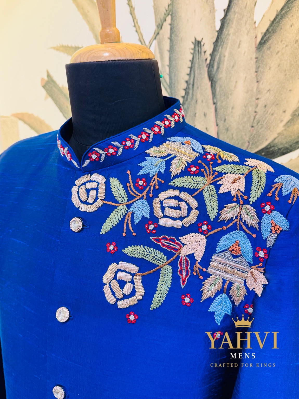 Classic Blue Raw Silk Sherwani with Floral Embroidery & Pajama - Image 4