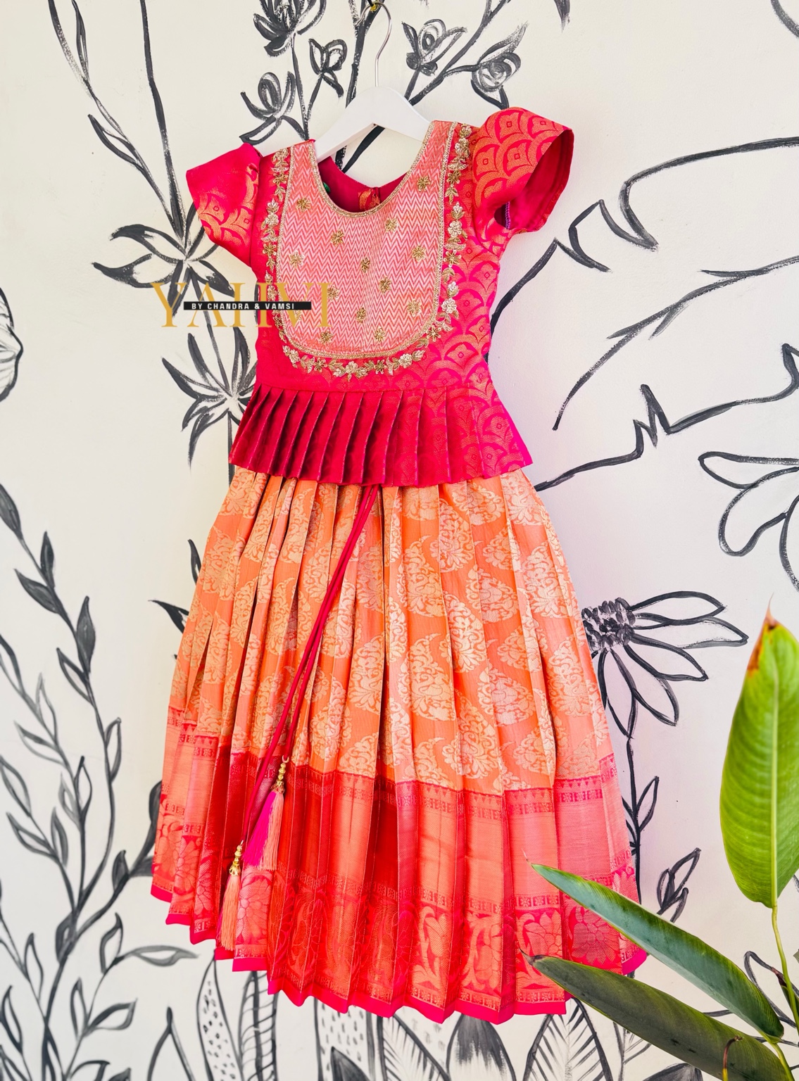 Sunset Coral Silk Lehenga with Embroidered Peplum Top