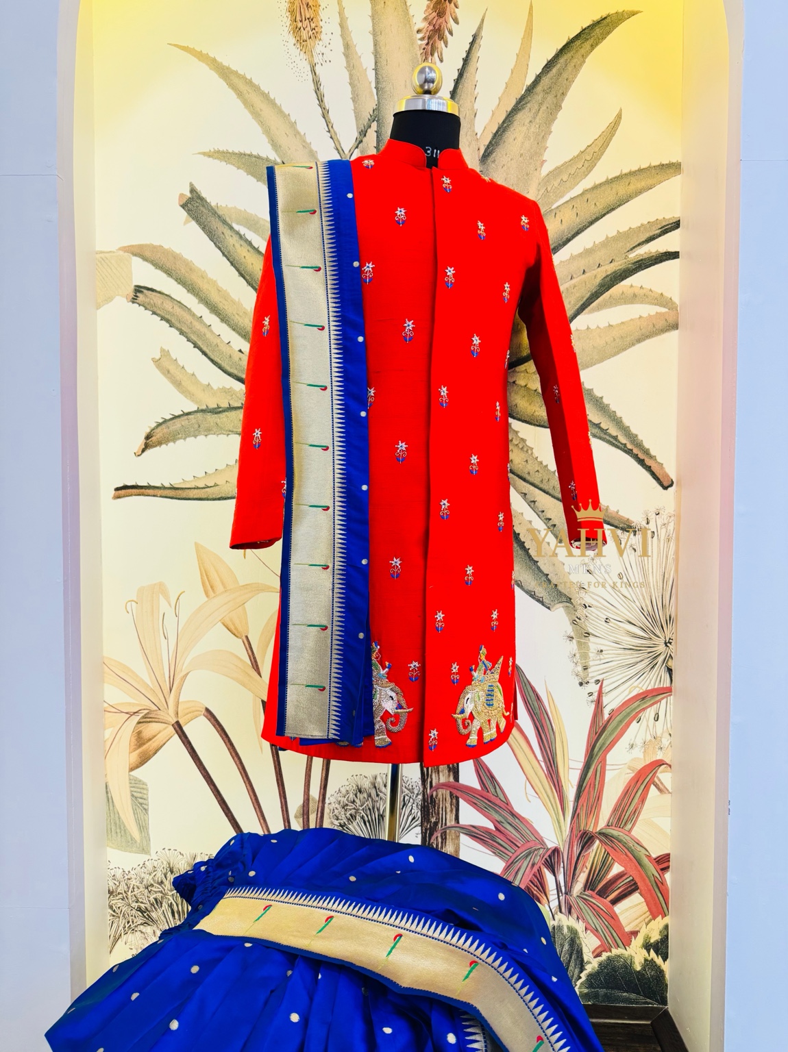 Royal Red Raw Silk Sherwani with Elephant Ambari Embroidery & Paithani Dhoti - Image 2
