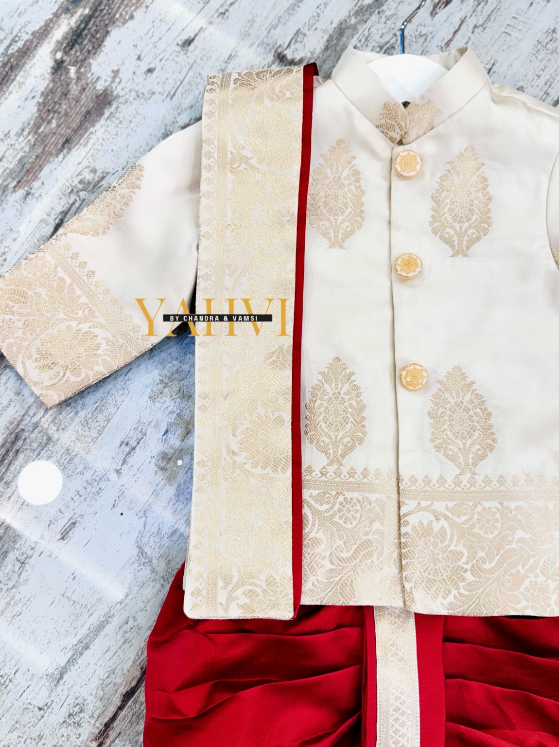 Heritage Zari Buta Newborn Sherwani with Silk Dhoti - Image 3
