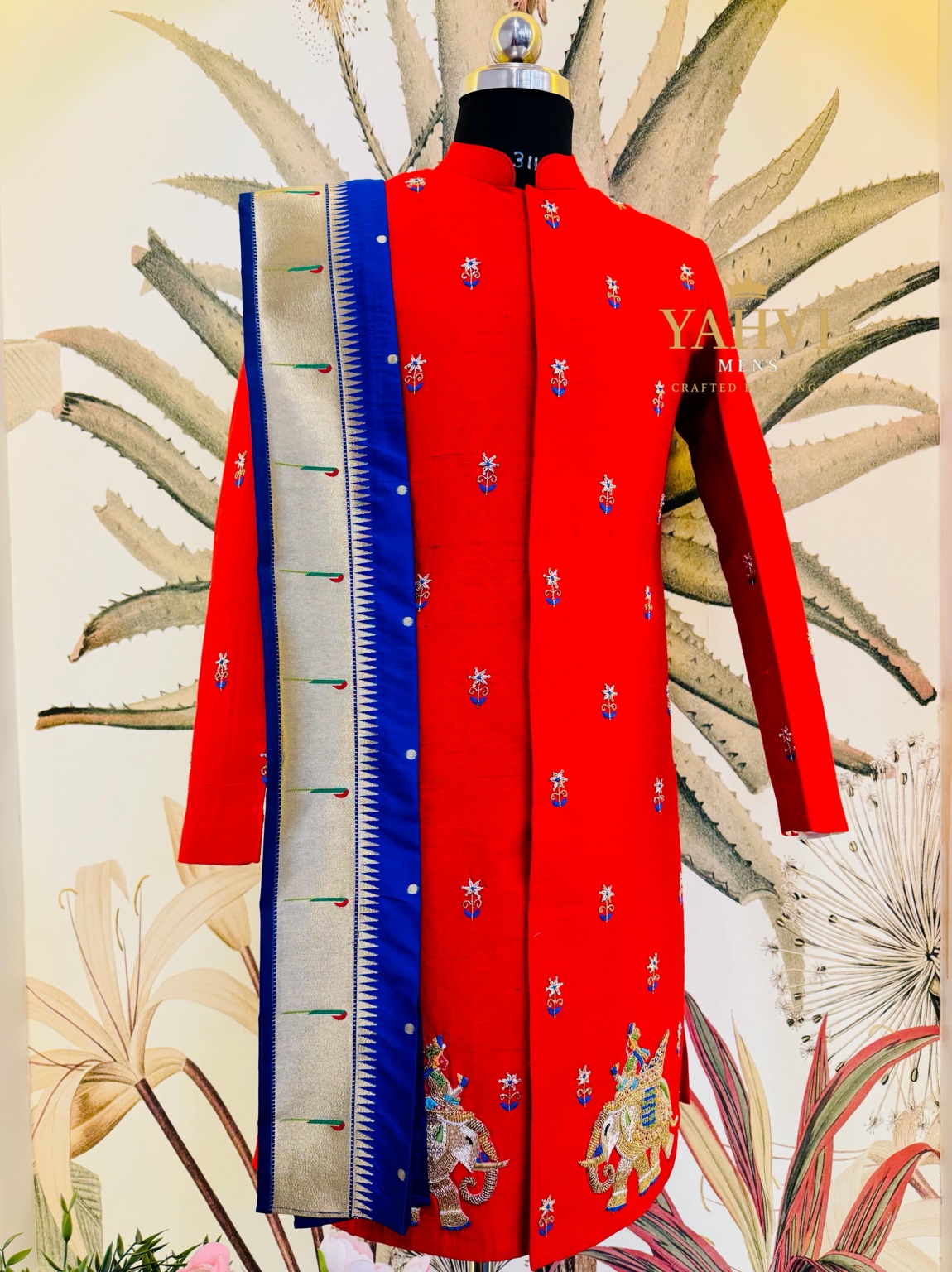 Royal Red Raw Silk Sherwani with Elephant Ambari Embroidery & Paithani Dhoti - Image 5