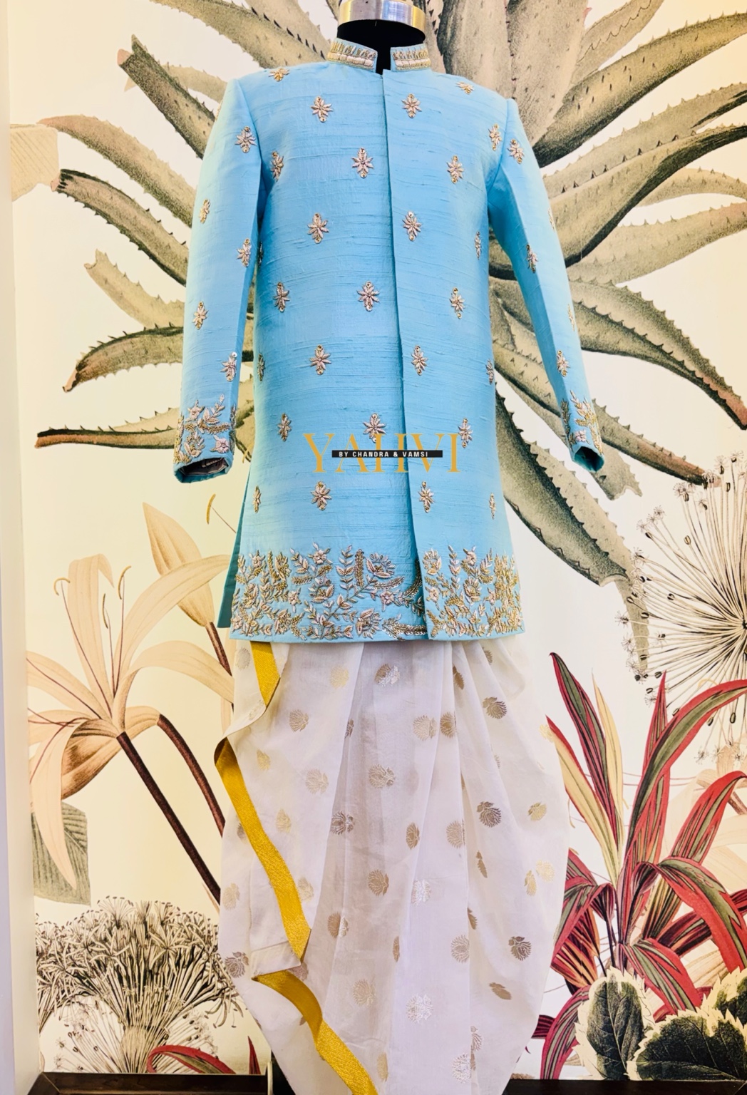 Sky Blue Embroidered Sherwani with Chanderi Silk Dhoti & Dupatta Set - Image 8