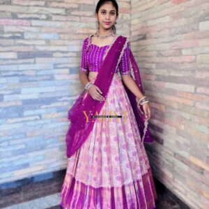 Floral Blush Kanchi Pattu Half Saree with Embroidered Blouse Set