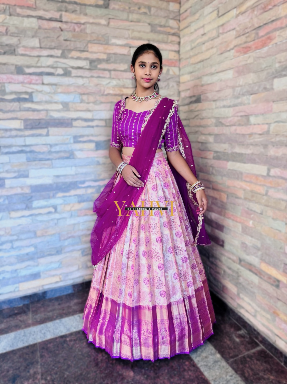 Floral Blush Kanchi Pattu Half Saree with Embroidered Blouse Set