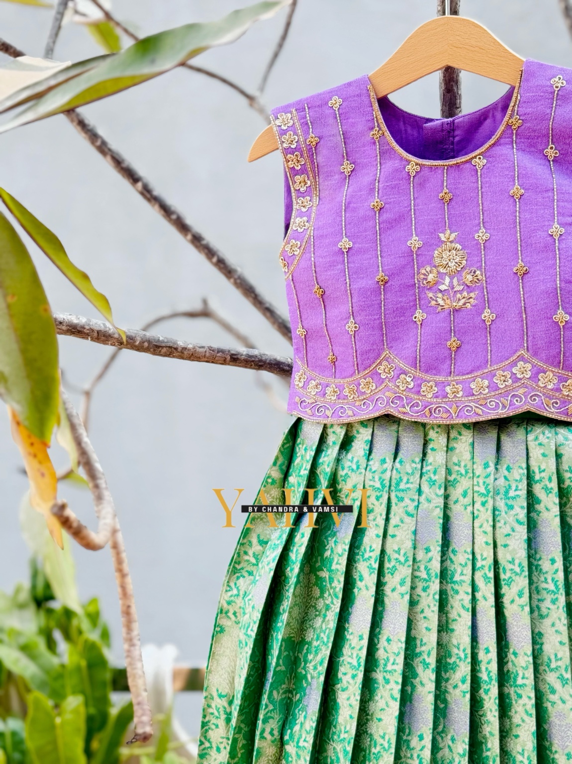 Lilac green pattu lehanga set - Image 5