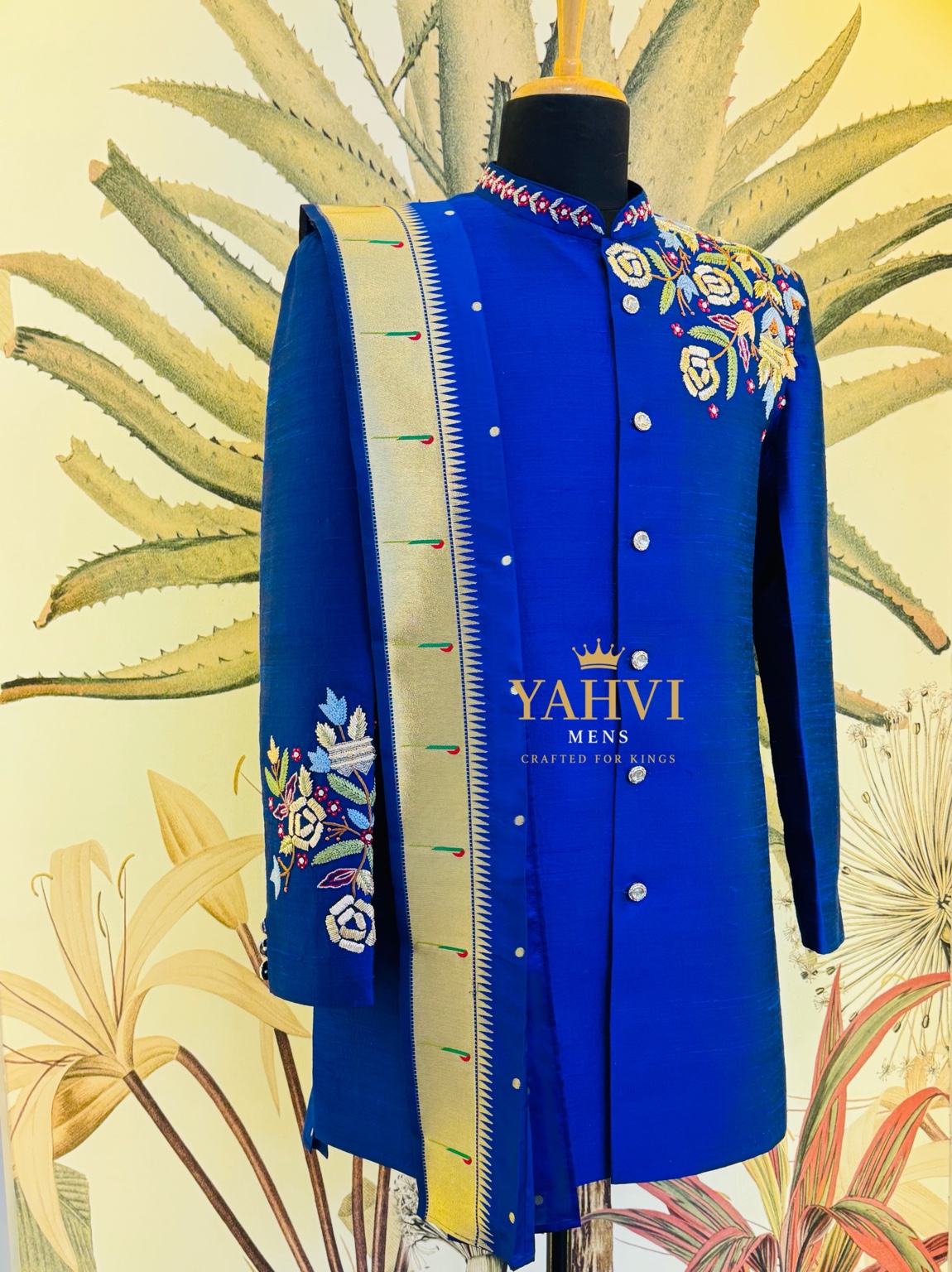 Classic Blue Raw Silk Sherwani with Floral Embroidery & Pajama - Image 6