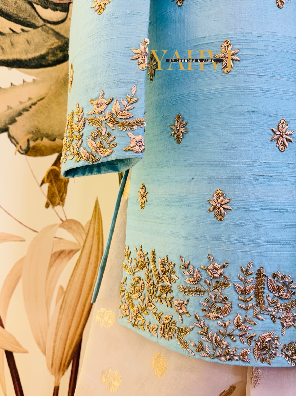 Sky Blue Embroidered Sherwani with Chanderi Silk Dhoti & Dupatta Set - Image 9