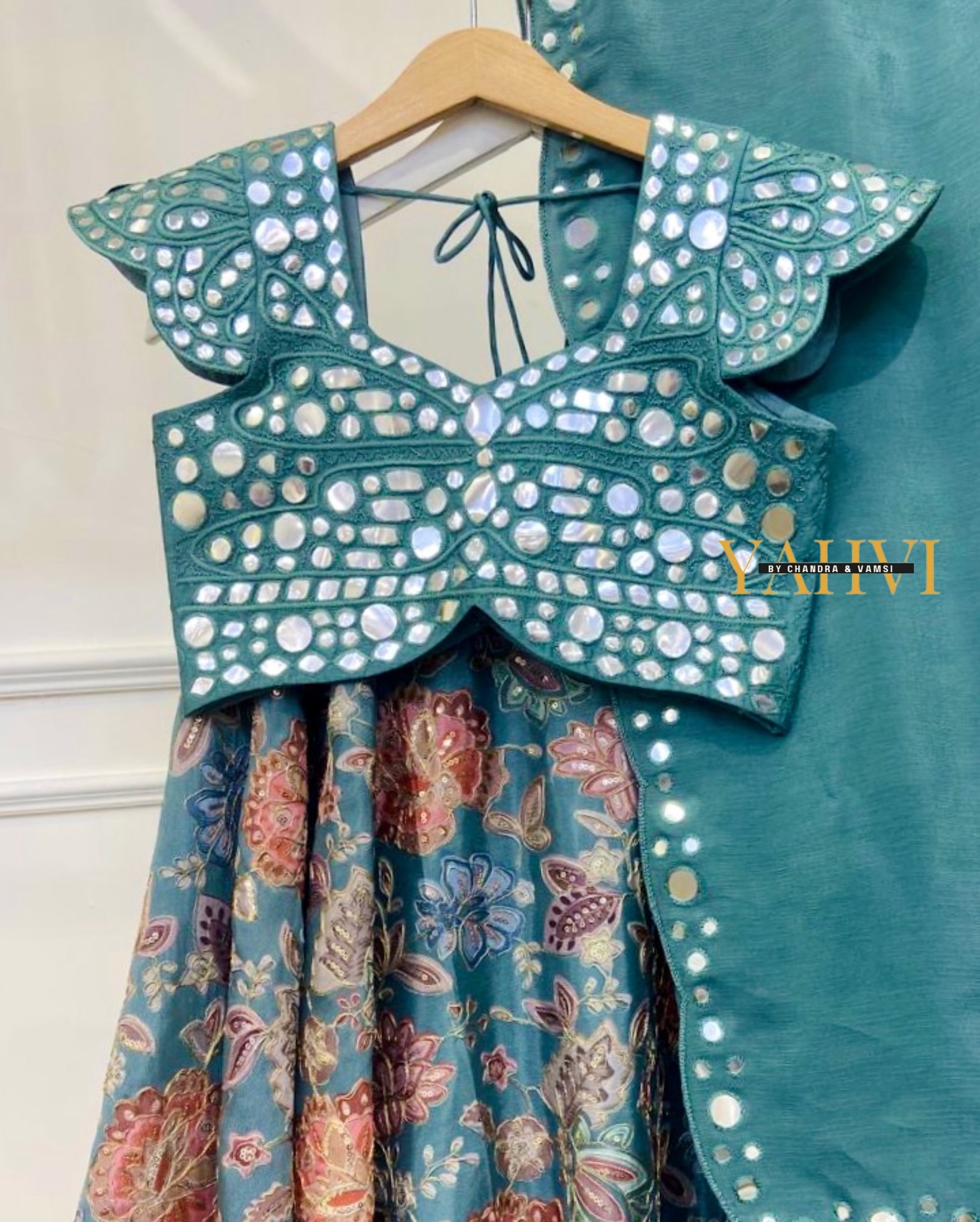 Teal Floral Lehenga with Mirror Work Crop Top & Cutwork Dupatta - Image 2