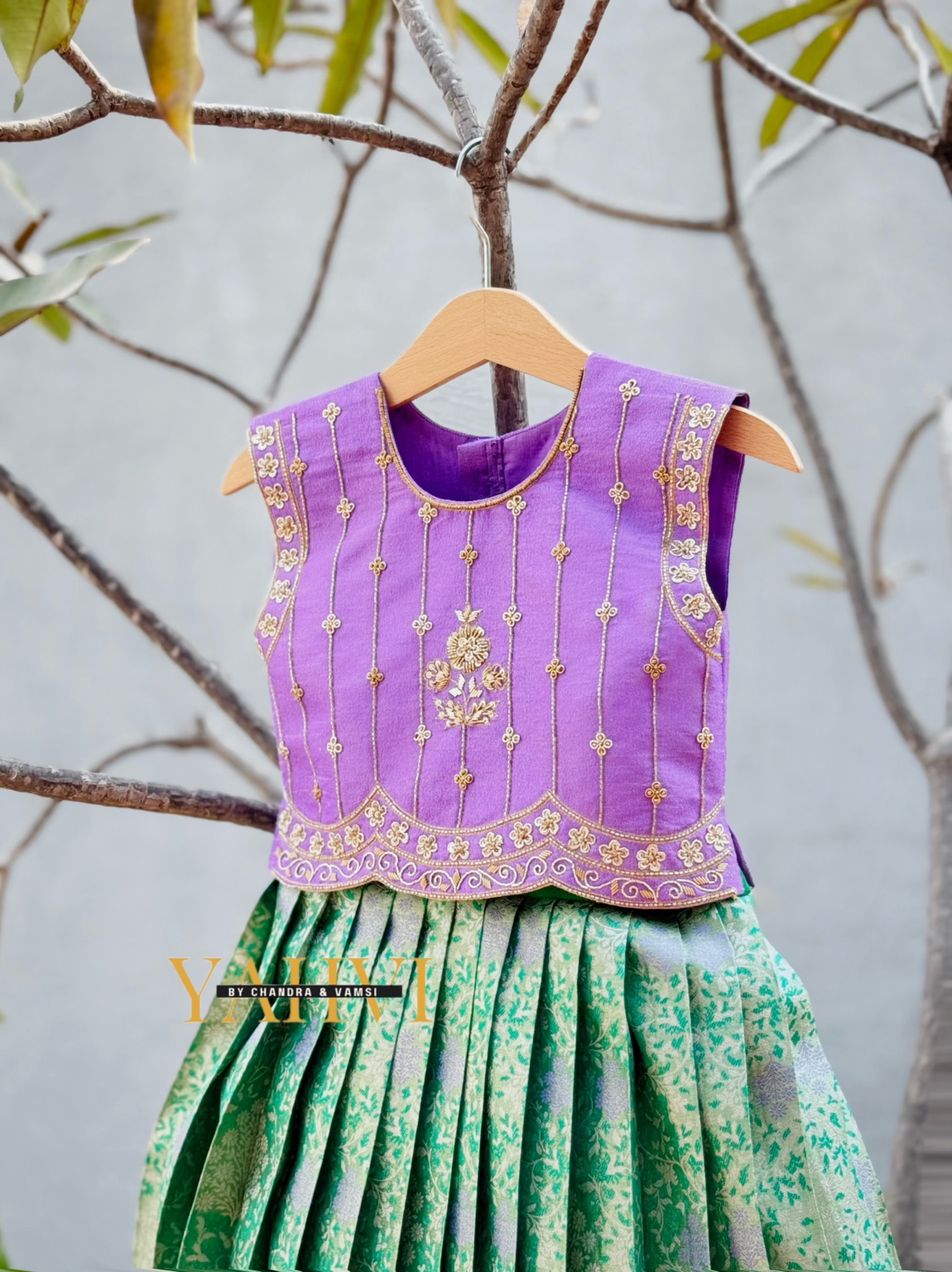 Lilac green pattu lehanga set - Image 6