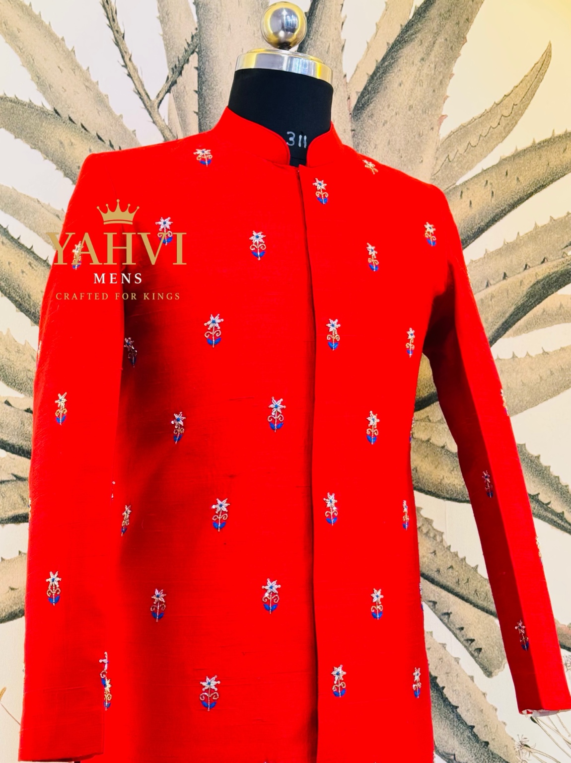 Royal Red Raw Silk Sherwani with Elephant Ambari Embroidery & Paithani Dhoti - Image 6