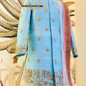 Sky Blue Embroidered Sherwani with Chanderi Silk Dhoti & Dupatta Set