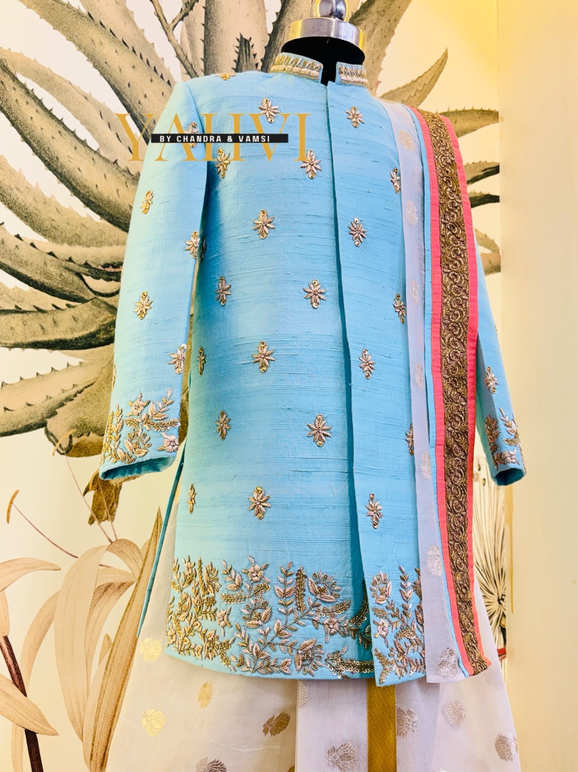 Sky Blue Embroidered Sherwani with Chanderi Silk Dhoti & Dupatta Set