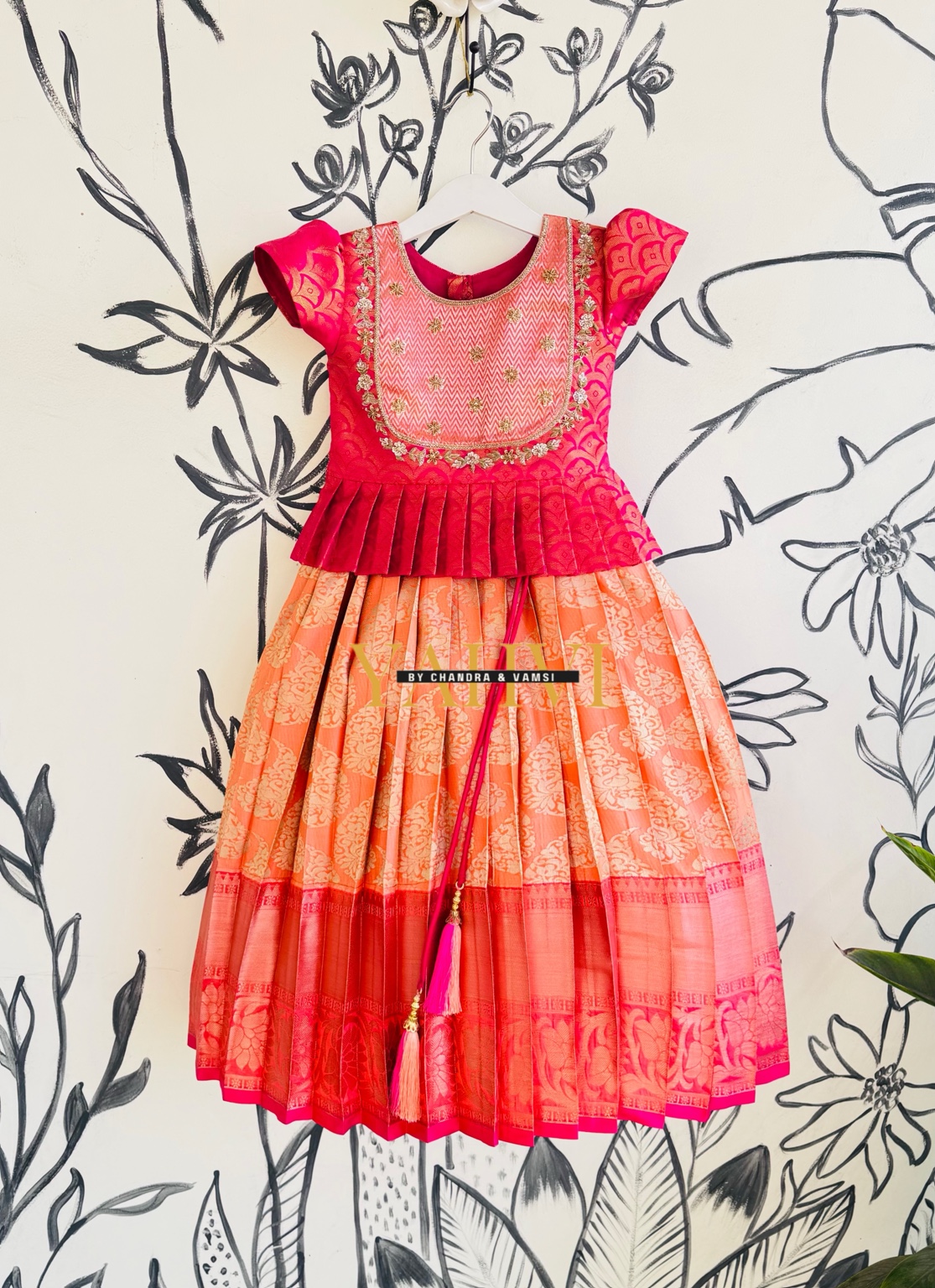 Sunset Coral Silk Lehenga with Embroidered Peplum Top - Image 7