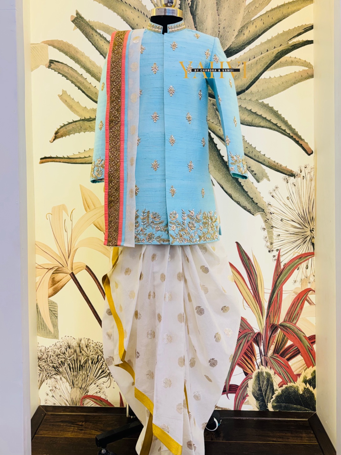 Sky Blue Embroidered Sherwani with Chanderi Silk Dhoti & Dupatta Set - Image 11