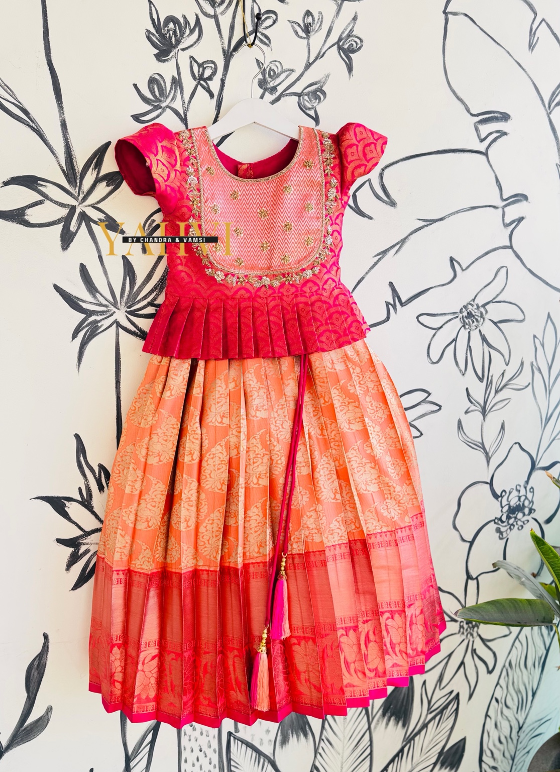 Sunset Coral Silk Lehenga with Embroidered Peplum Top - Image 6