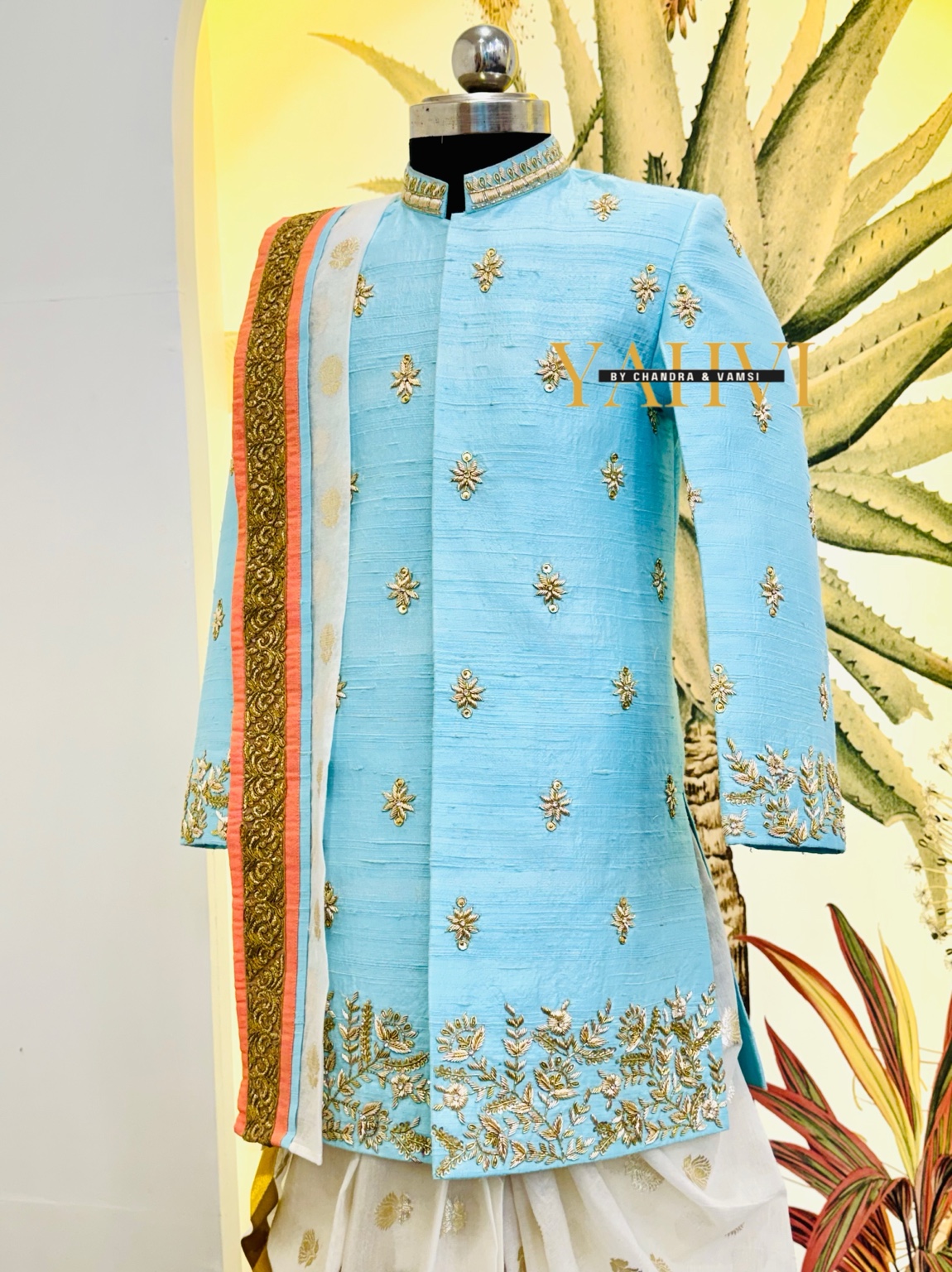Sky Blue Embroidered Sherwani with Chanderi Silk Dhoti & Dupatta Set - Image 12