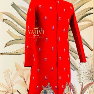 Royal Red Raw Silk Sherwani with Elephant Ambari Embroidery & Paithani Dhoti