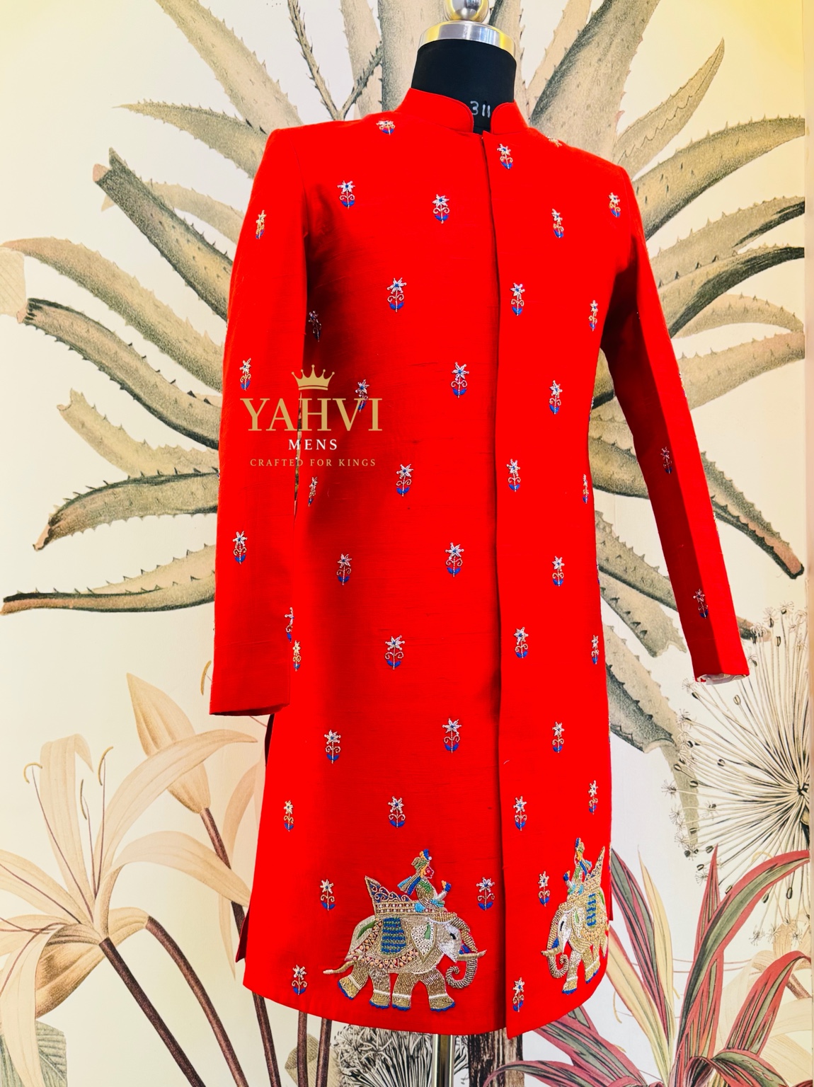 Royal Red Raw Silk Sherwani with Elephant Ambari Embroidery & Paithani Dhoti